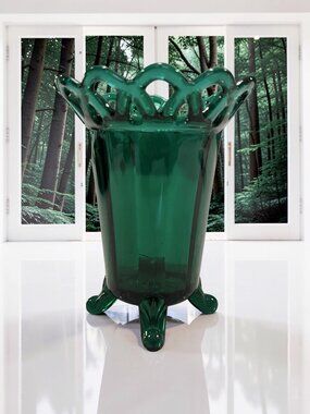 Imperial Glass Stiegel Dark Emerald Green Lace Edge Vase Four Footed